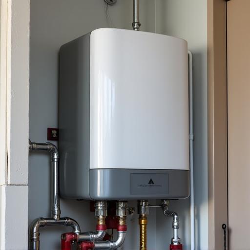 A modern tankless water heater installed neatly on a utility room wall.