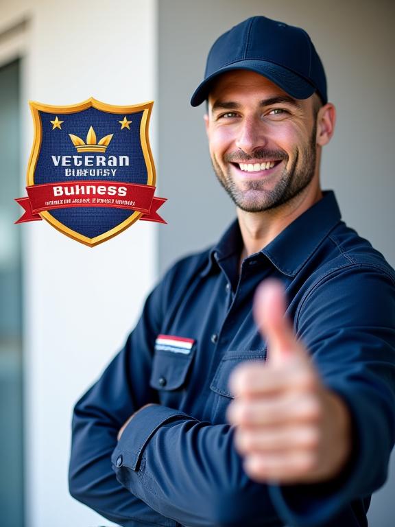 A proud veteran-owned business badge and a certified technician smiling.